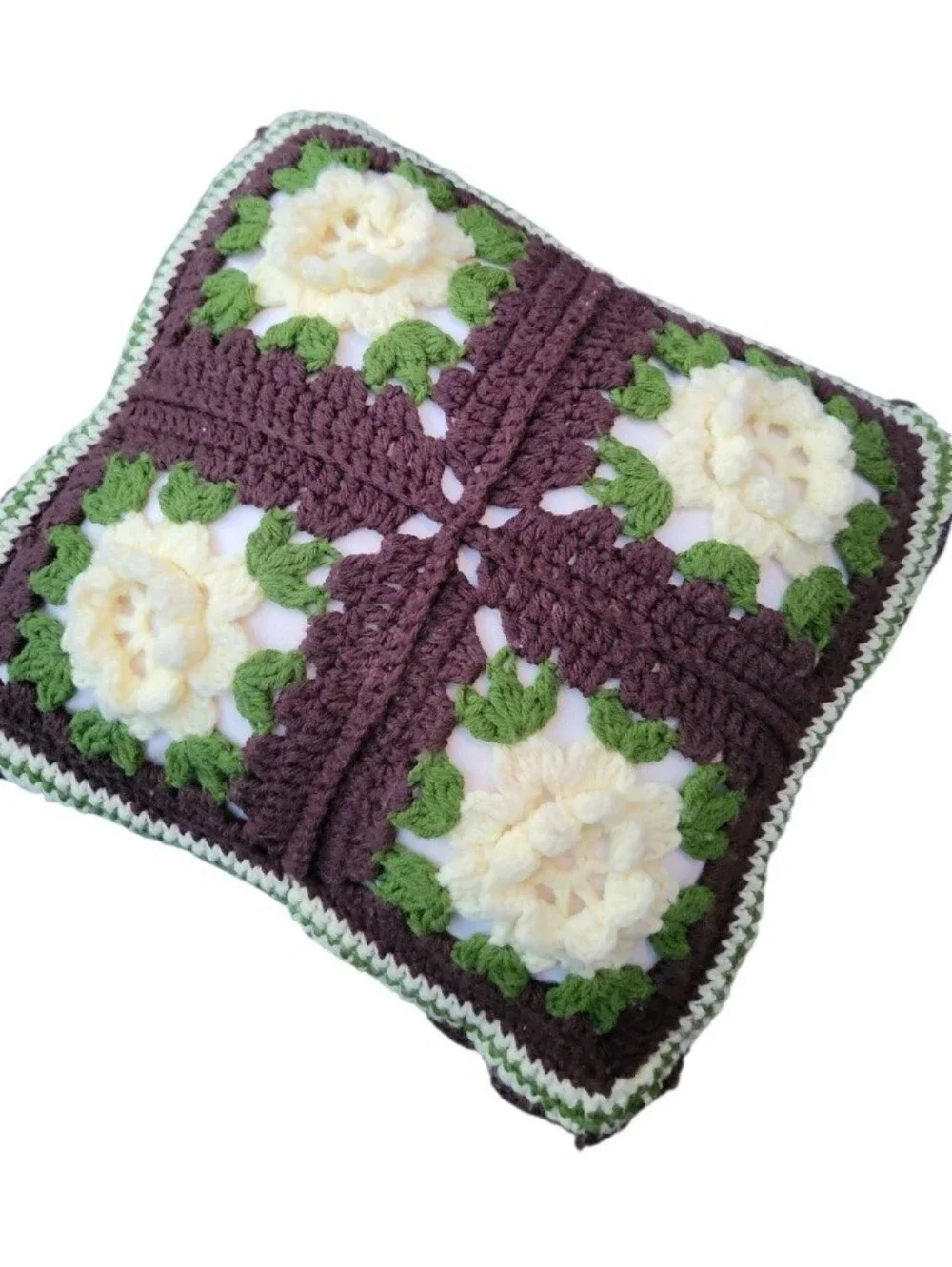 Vintage 70's Granny Square Crocheted Rosette Throw Pillow 17
